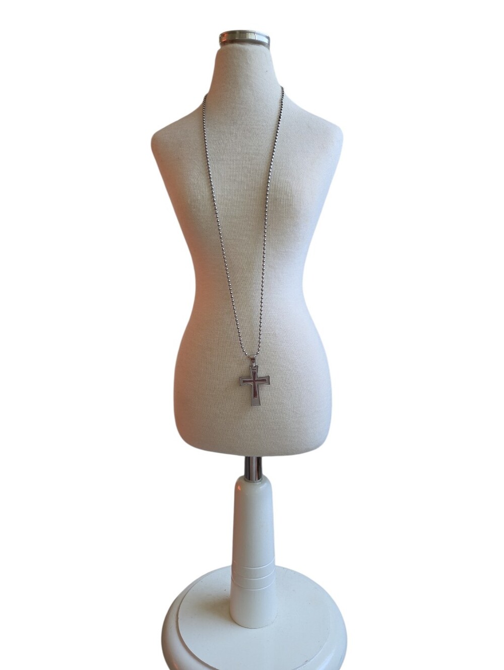 Long Silver Toned Cross Pendant Necklace 28"